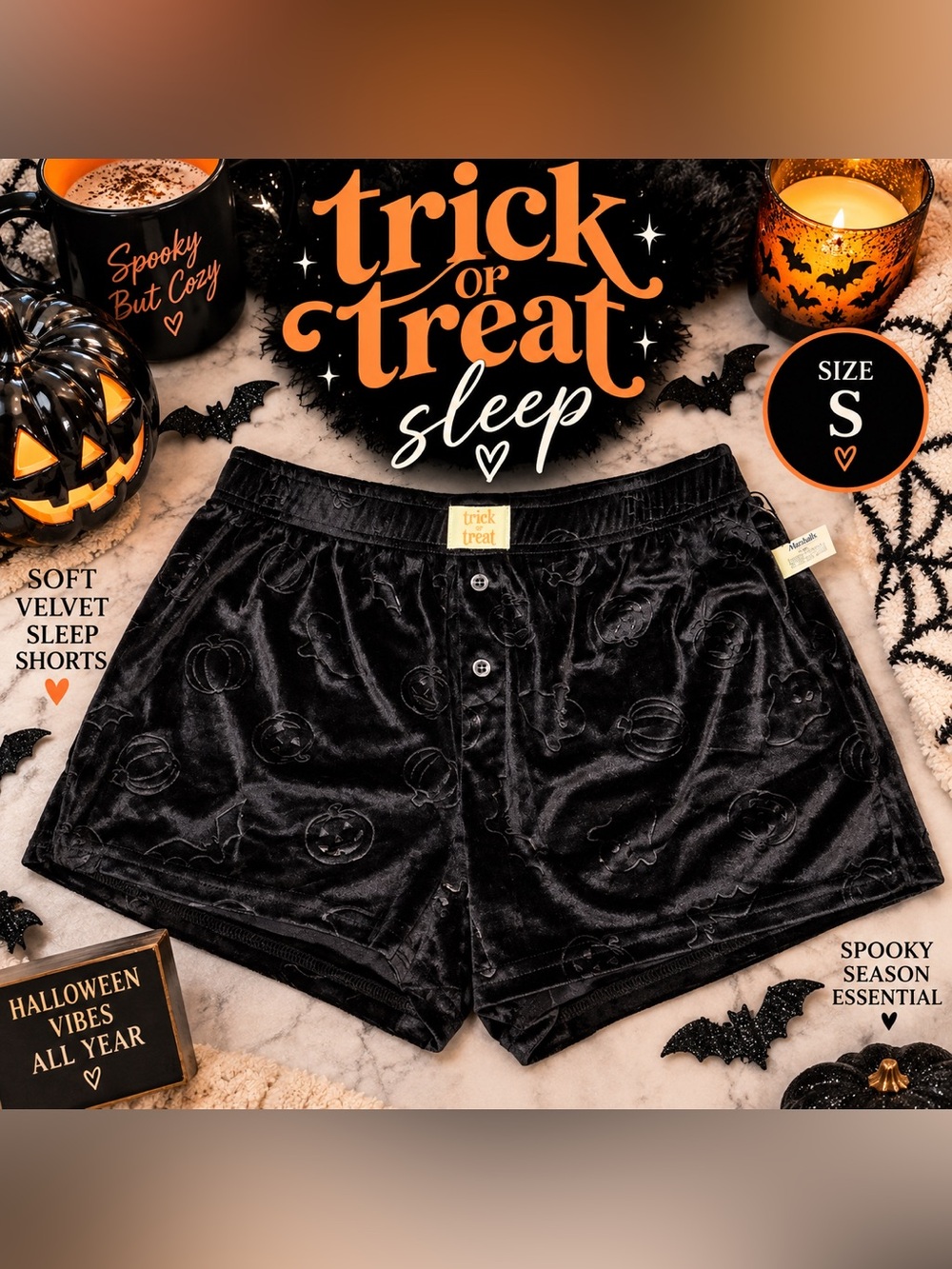 Trick or Treat Sleep Black Velvet Halloween Shorts Size S NWT Pumpkin Bat